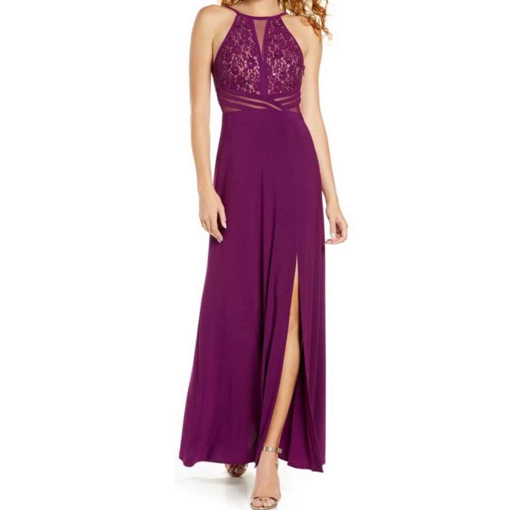 Morgan & Co. Sparkle Lace Cut Halter Gown 1